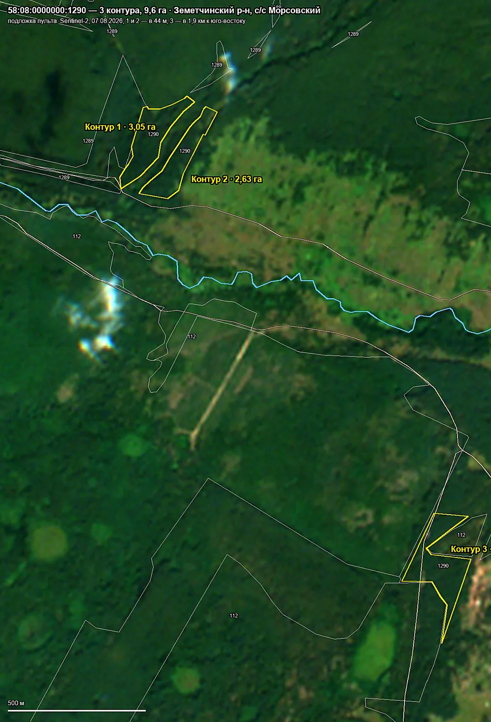 Satellite basemap with three parcel contours outlined in yellow, their areas labelled, rivers and roads traced